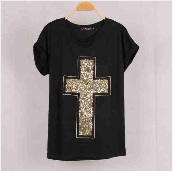 Cross Sequined Casual T shirt